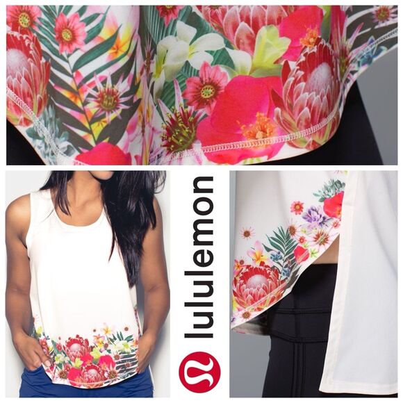 Lululemon Tank Top Women M* Beige Floral Run Split Singlet Workout Feminine Gym - Picture 1 of 9